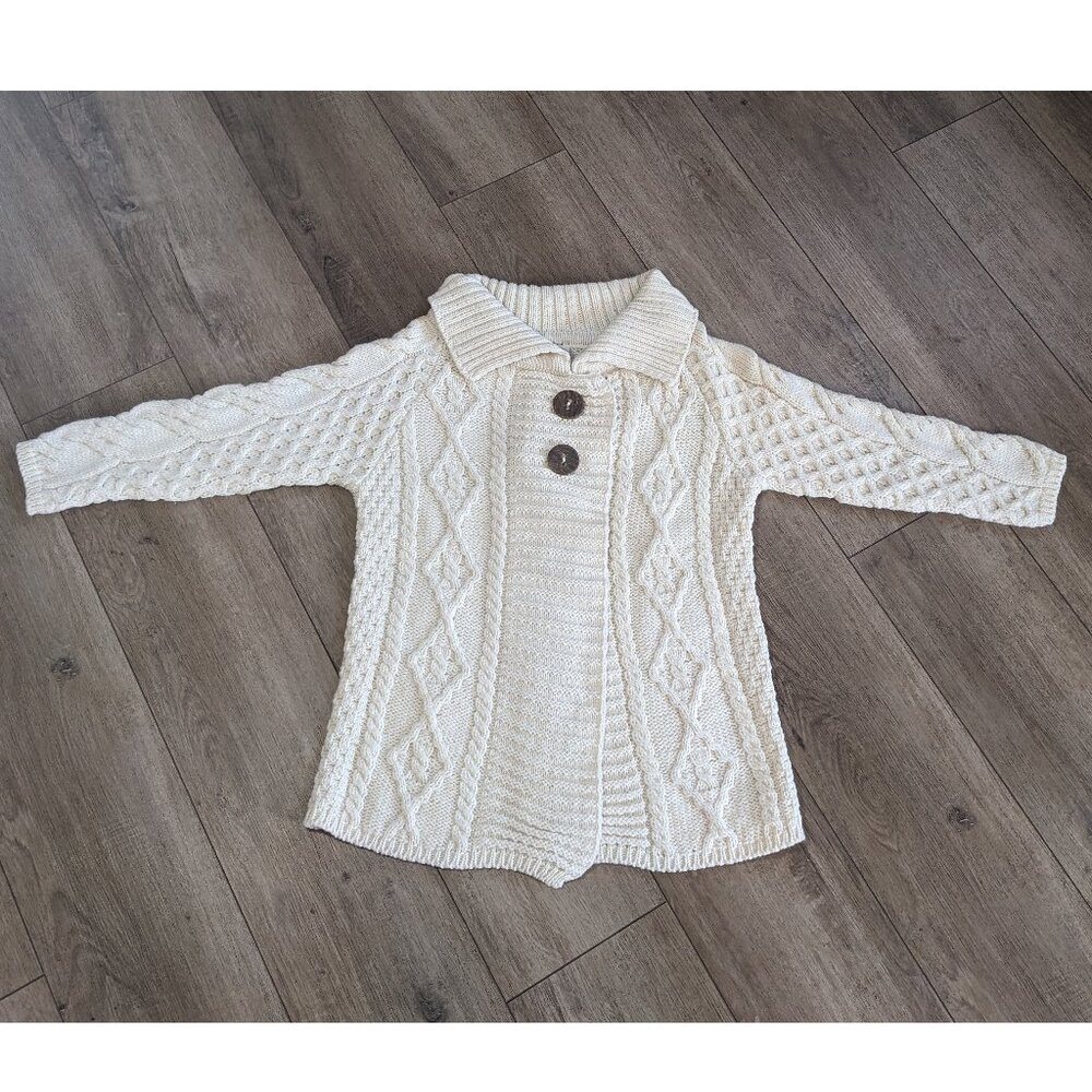 Kilronan Knitwear 100% Irish Merino Wool Button Sweater 3/4 Sleeves Cream XS